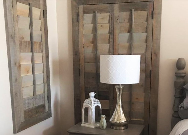 Phoenix bedroom with repurposed wood shutters.